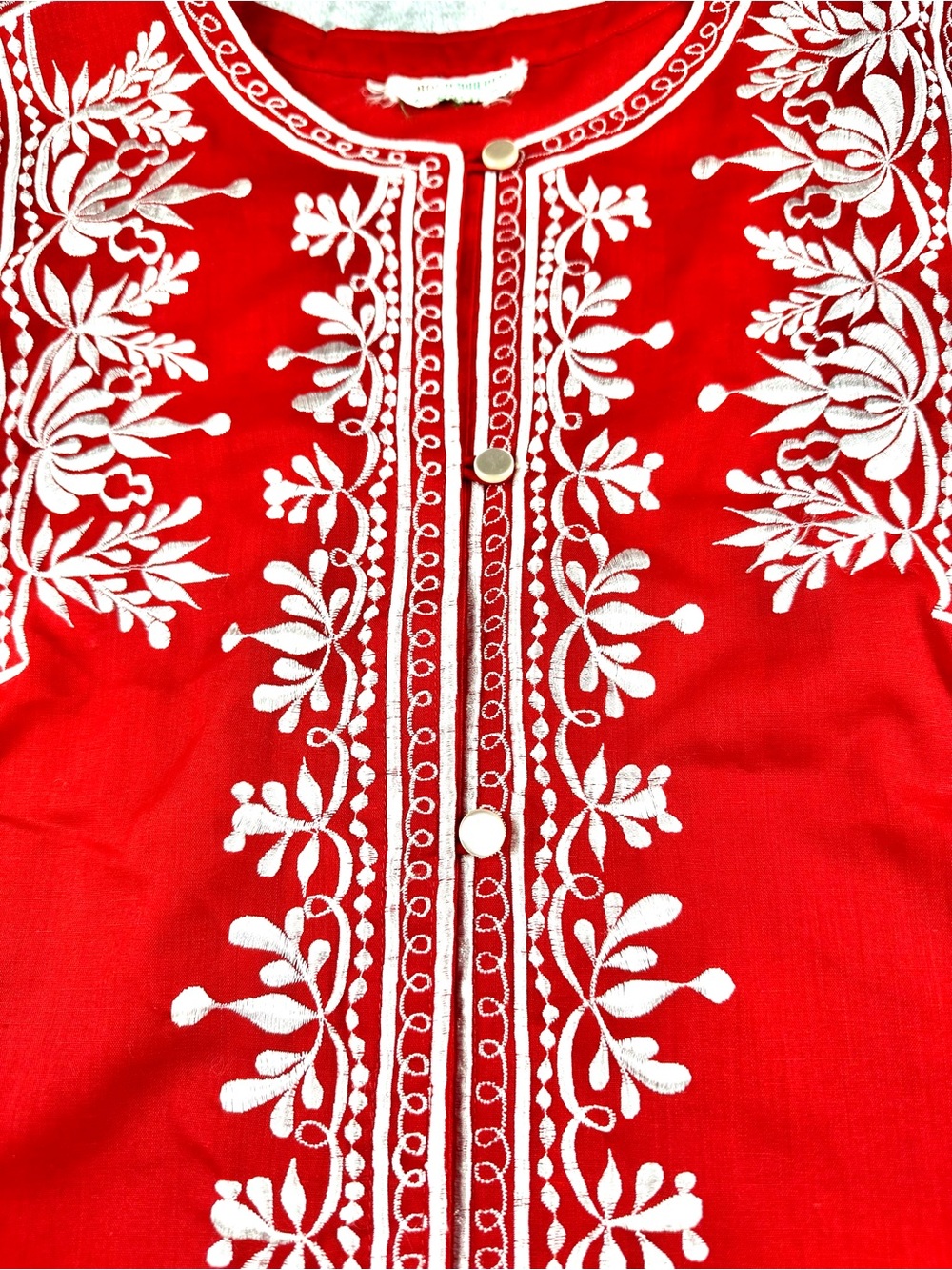 VTG Caro of Honolulu Red Embroidered Boho Tunic Top White Floral Folk S - Picture 7 of 8